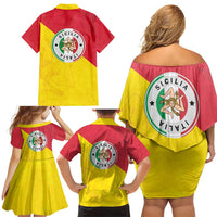 Italy Sicilia Family Matching Off Shoulder Short Dress and Hawaiian Shirt Triskeles With Lemons - Wonder Print Shop