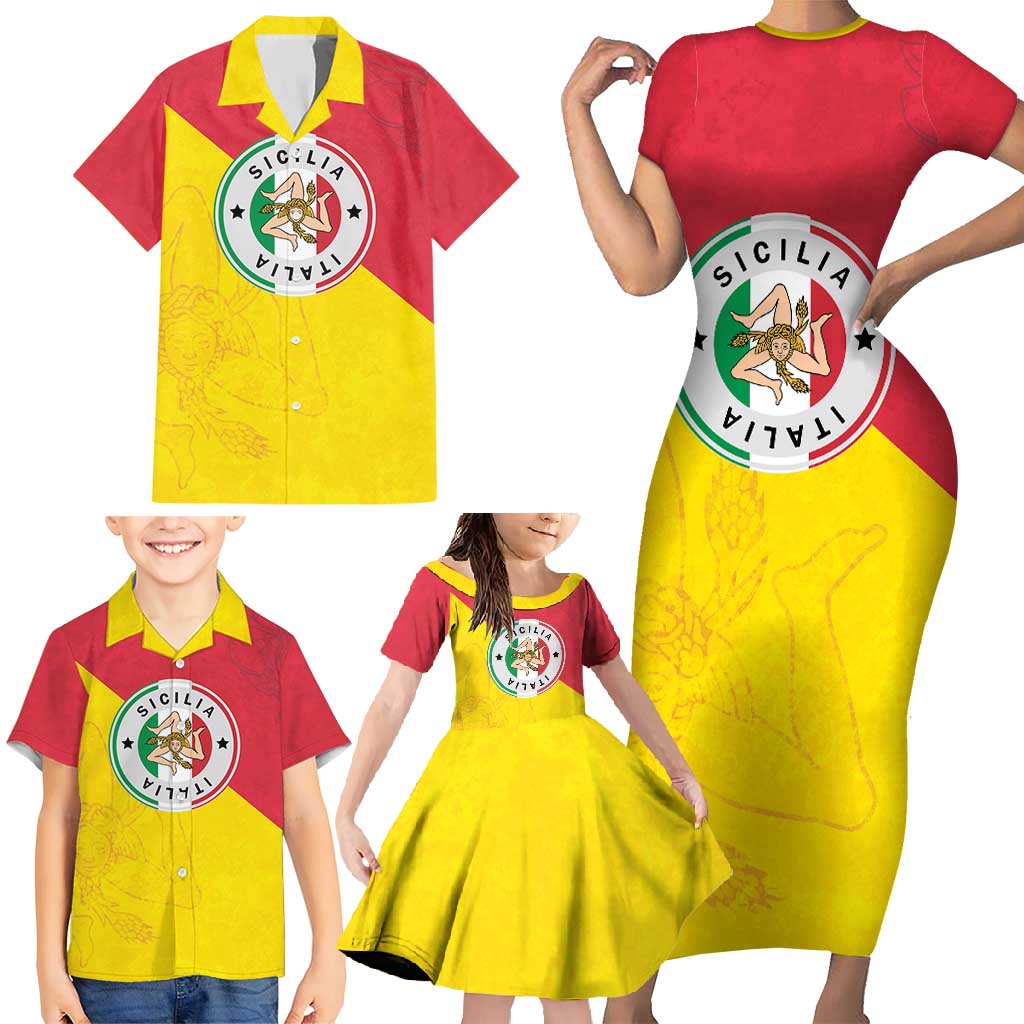 Italy Sicilia Family Matching Short Sleeve Bodycon Dress and Hawaiian Shirt Triskeles With Lemons - Wonder Print Shop