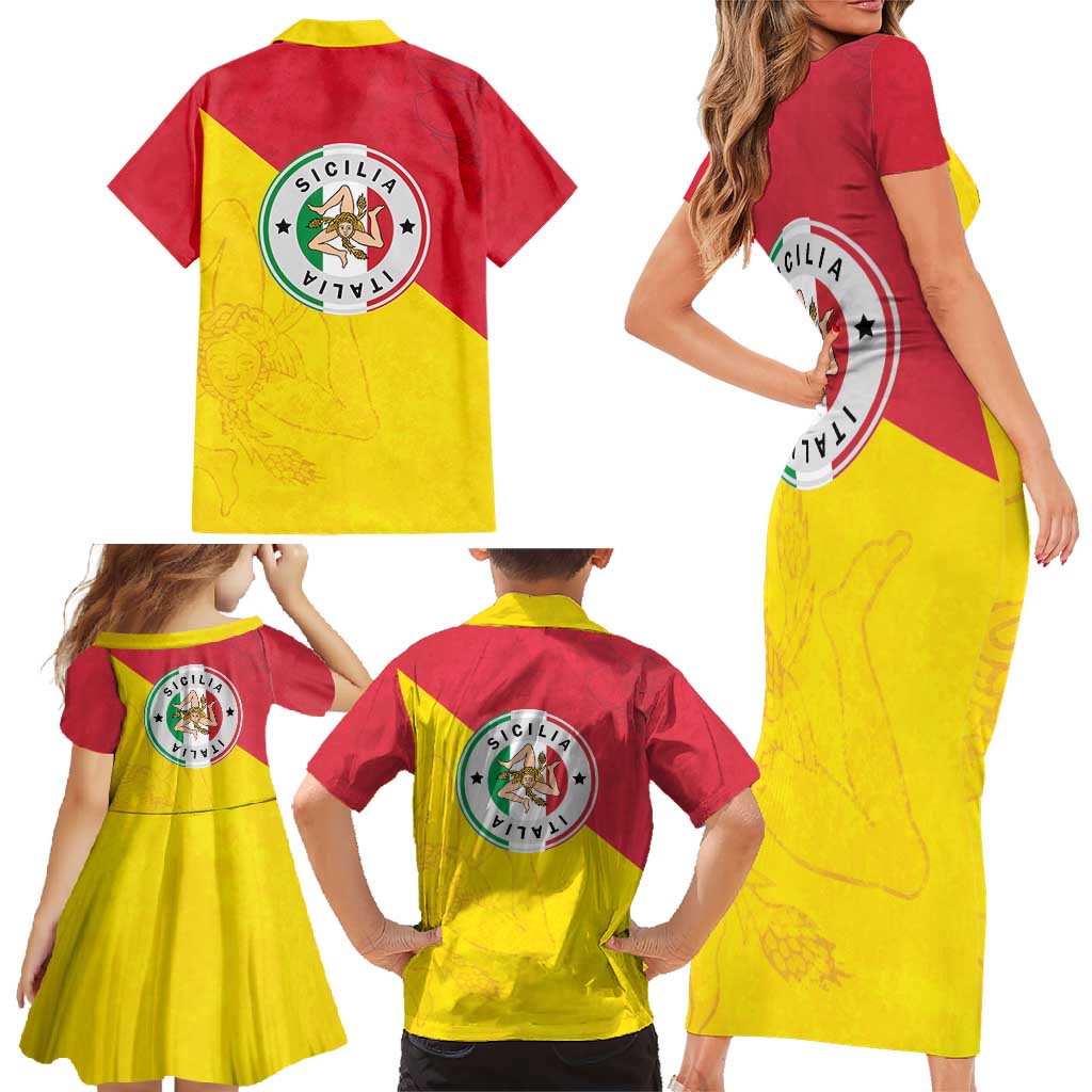 Italy Sicilia Family Matching Short Sleeve Bodycon Dress and Hawaiian Shirt Triskeles With Lemons - Wonder Print Shop