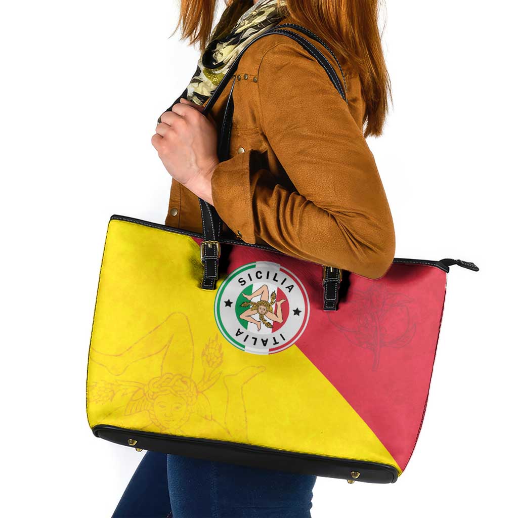 Italy Sicilia Leather Tote Bag Triskeles With Lemons - Wonder Print Shop