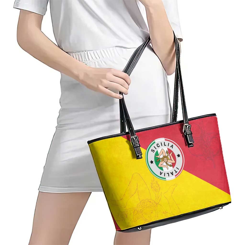 Italy Sicilia Leather Tote Bag Triskeles With Lemons - Wonder Print Shop