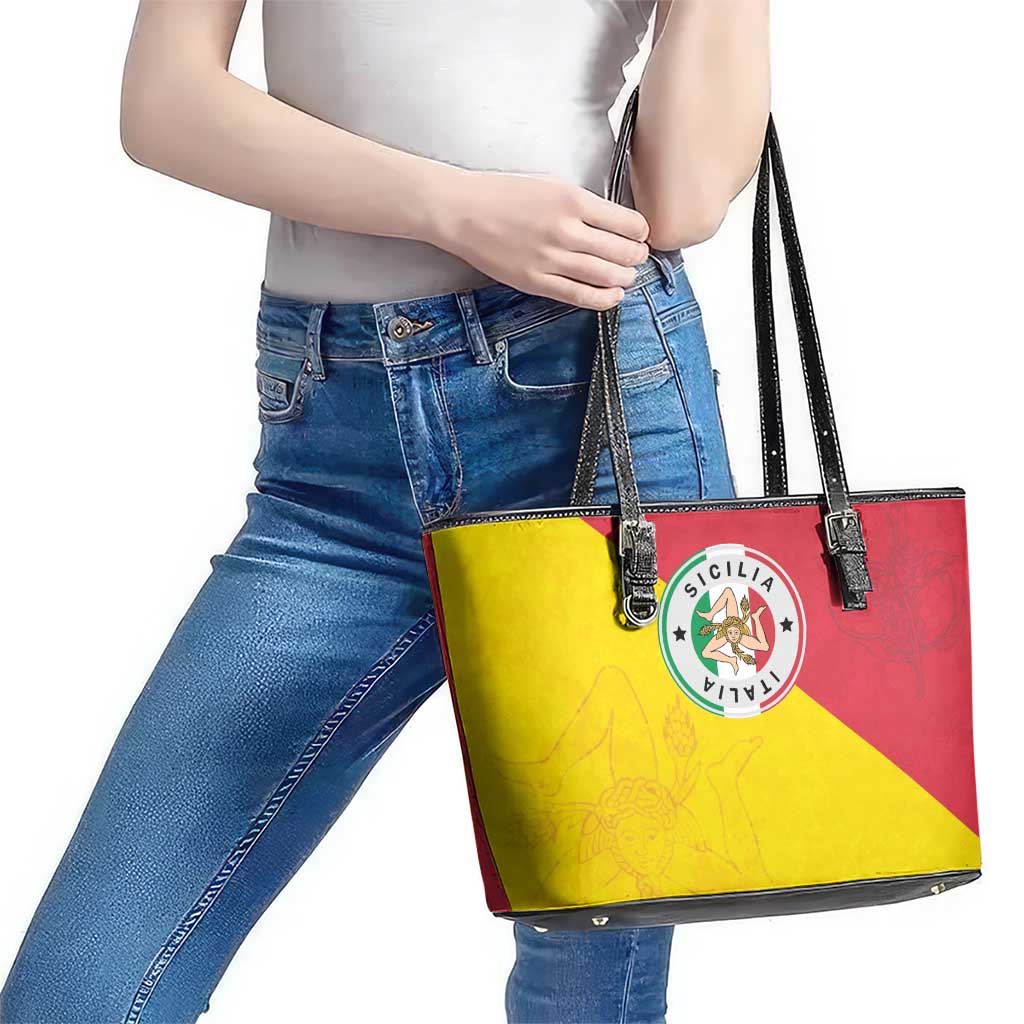 Italy Sicilia Leather Tote Bag Triskeles With Lemons - Wonder Print Shop