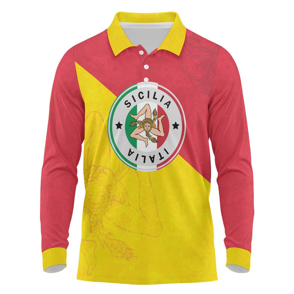 Italy Sicilia Long Sleeve Polo Shirt Triskeles With Lemons - Wonder Print Shop