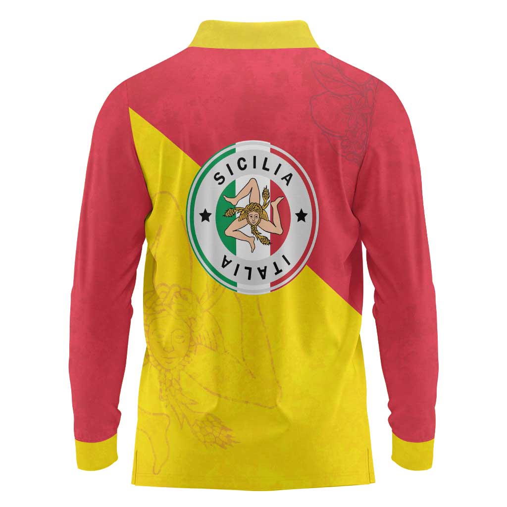 Italy Sicilia Long Sleeve Polo Shirt Triskeles With Lemons - Wonder Print Shop