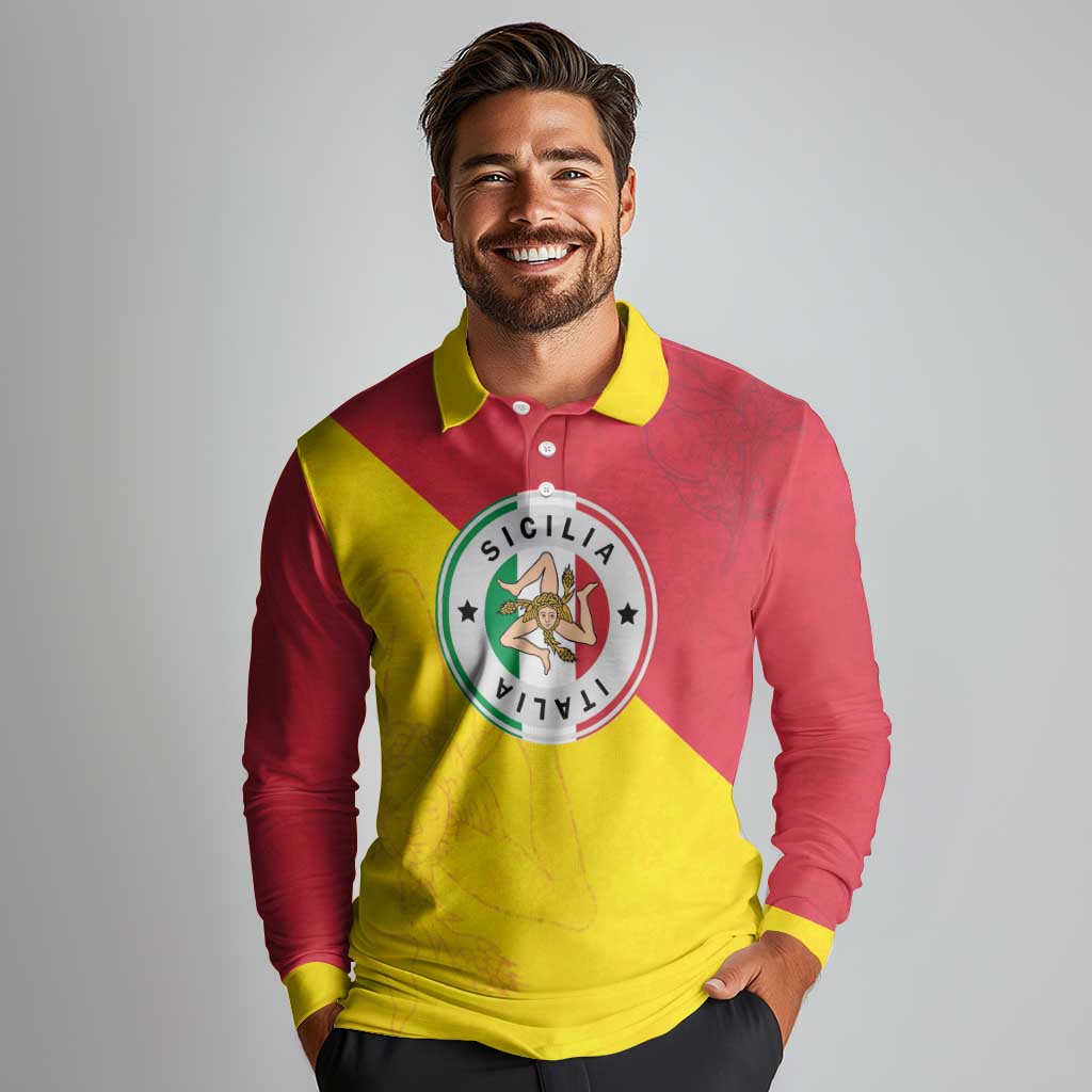 Italy Sicilia Long Sleeve Polo Shirt Triskeles With Lemons - Wonder Print Shop