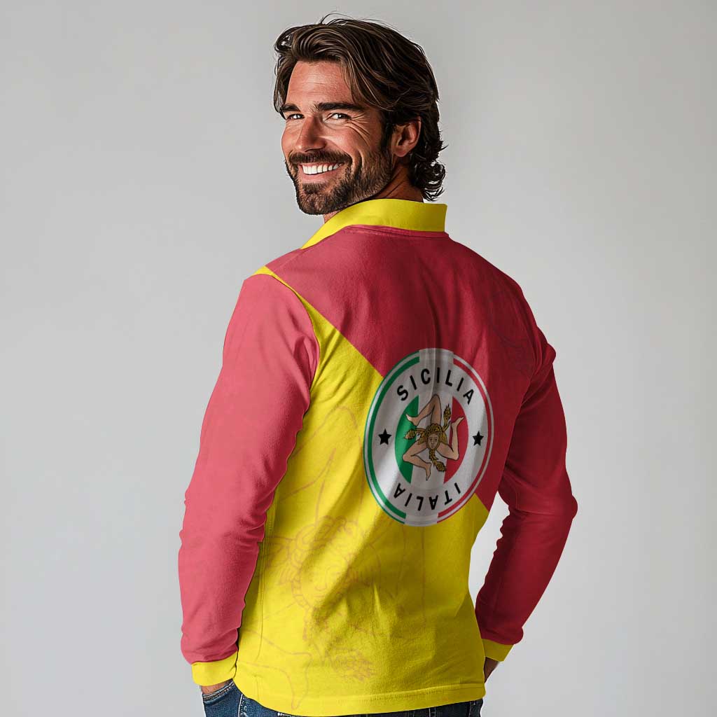 Italy Sicilia Long Sleeve Polo Shirt Triskeles With Lemons - Wonder Print Shop