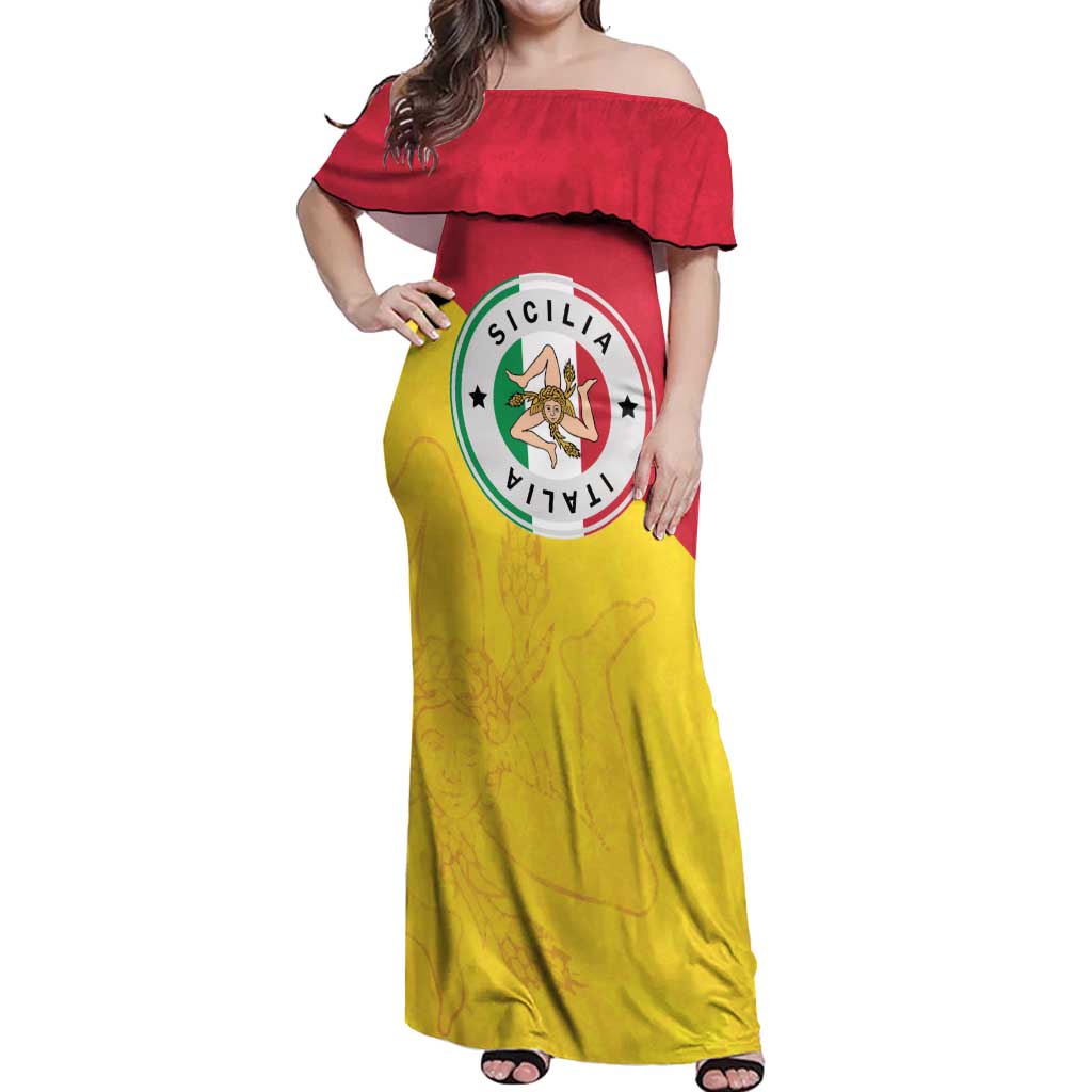 Italy Sicilia Off Shoulder Maxi Dress Triskeles With Lemons - Wonder Print Shop