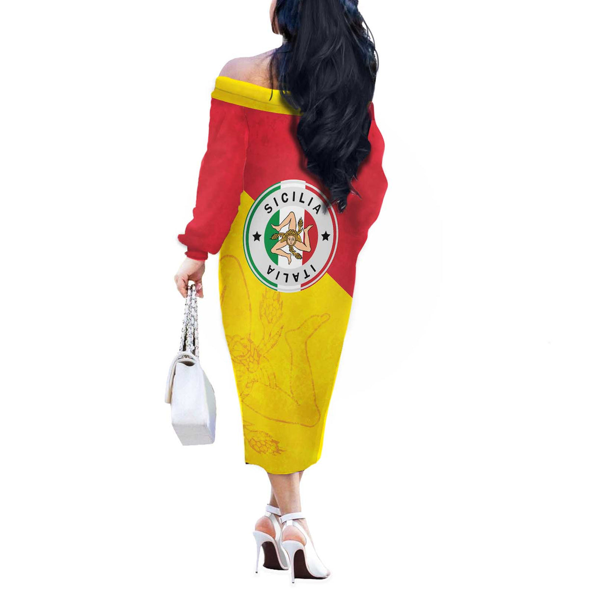 Italy Sicilia Off The Shoulder Long Sleeve Dress Triskeles With Lemons - Wonder Print Shop