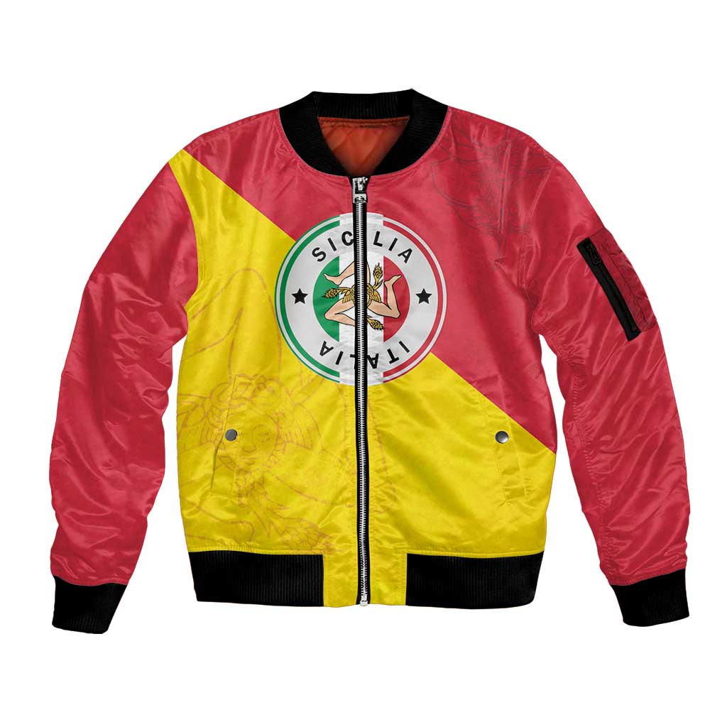 Italy Sicilia Sleeve Zip Bomber Jacket Triskeles With Lemons - Wonder Print Shop