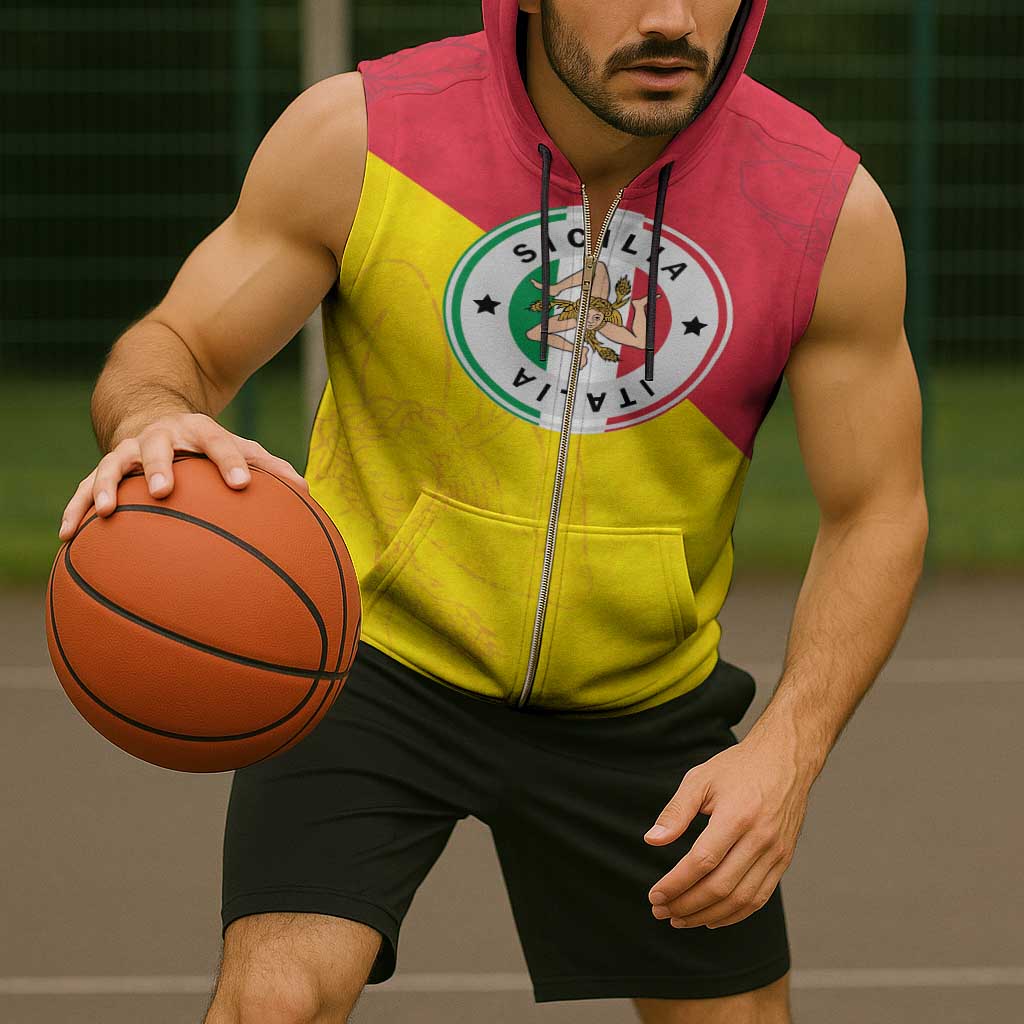 Italy Sicilia Sleeveless Zip Hoodie Triskeles With Lemons - Wonder Print Shop