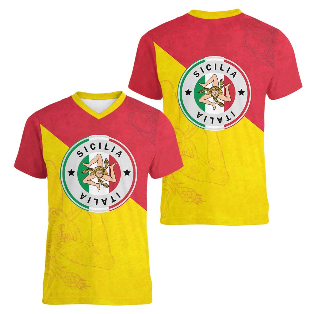 Italy Sicilia Women V-Neck T-Shirt Triskeles With Lemons - Wonder Print Shop