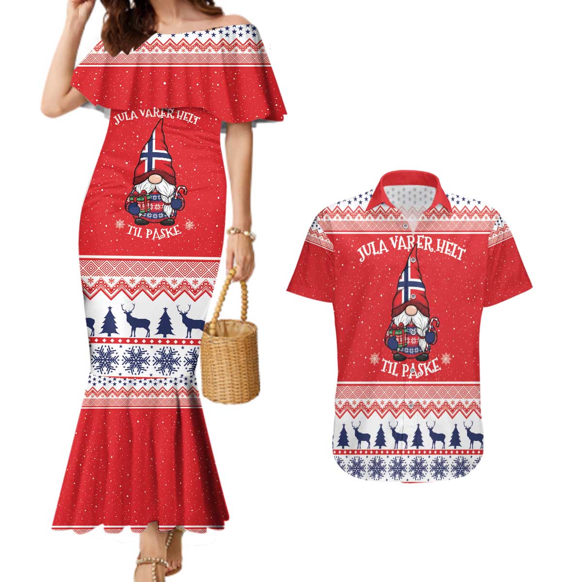 Norway Christmas Couples Matching Mermaid Dress and Hawaiian Shirt Lovely Nordic Gnome - Wonder Print Shop