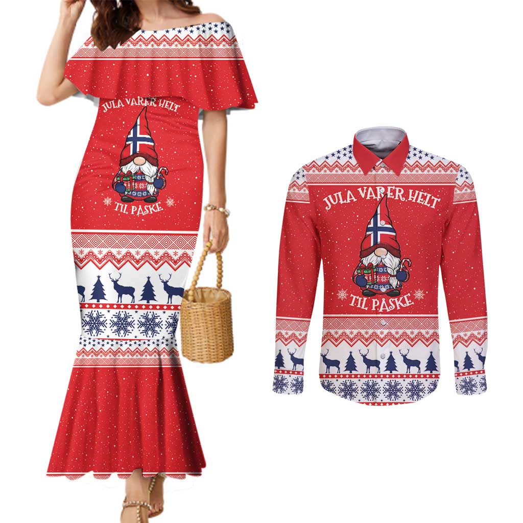 Norway Christmas Couples Matching Mermaid Dress and Long Sleeve Button Shirt Lovely Nordic Gnome - Wonder Print Shop