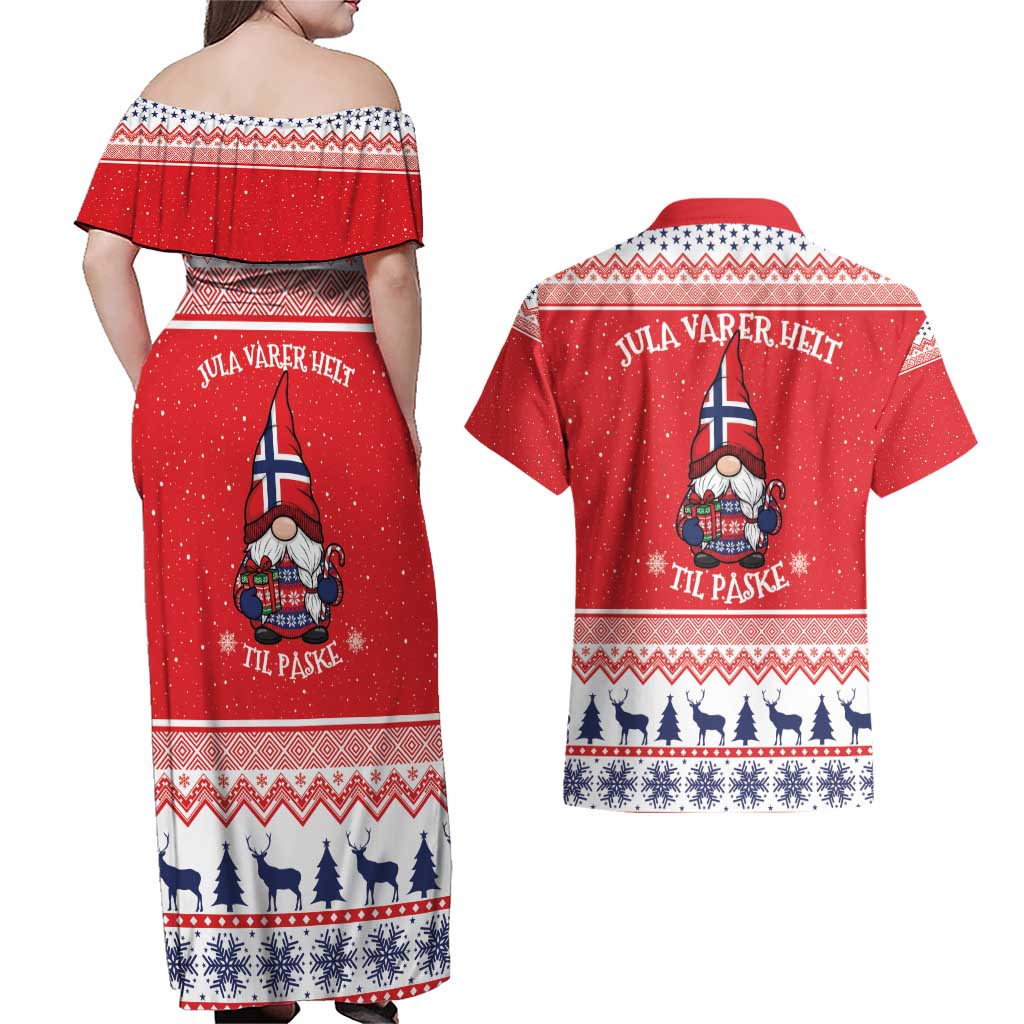 Norway Christmas Couples Matching Off Shoulder Maxi Dress and Hawaiian Shirt Lovely Nordic Gnome - Wonder Print Shop