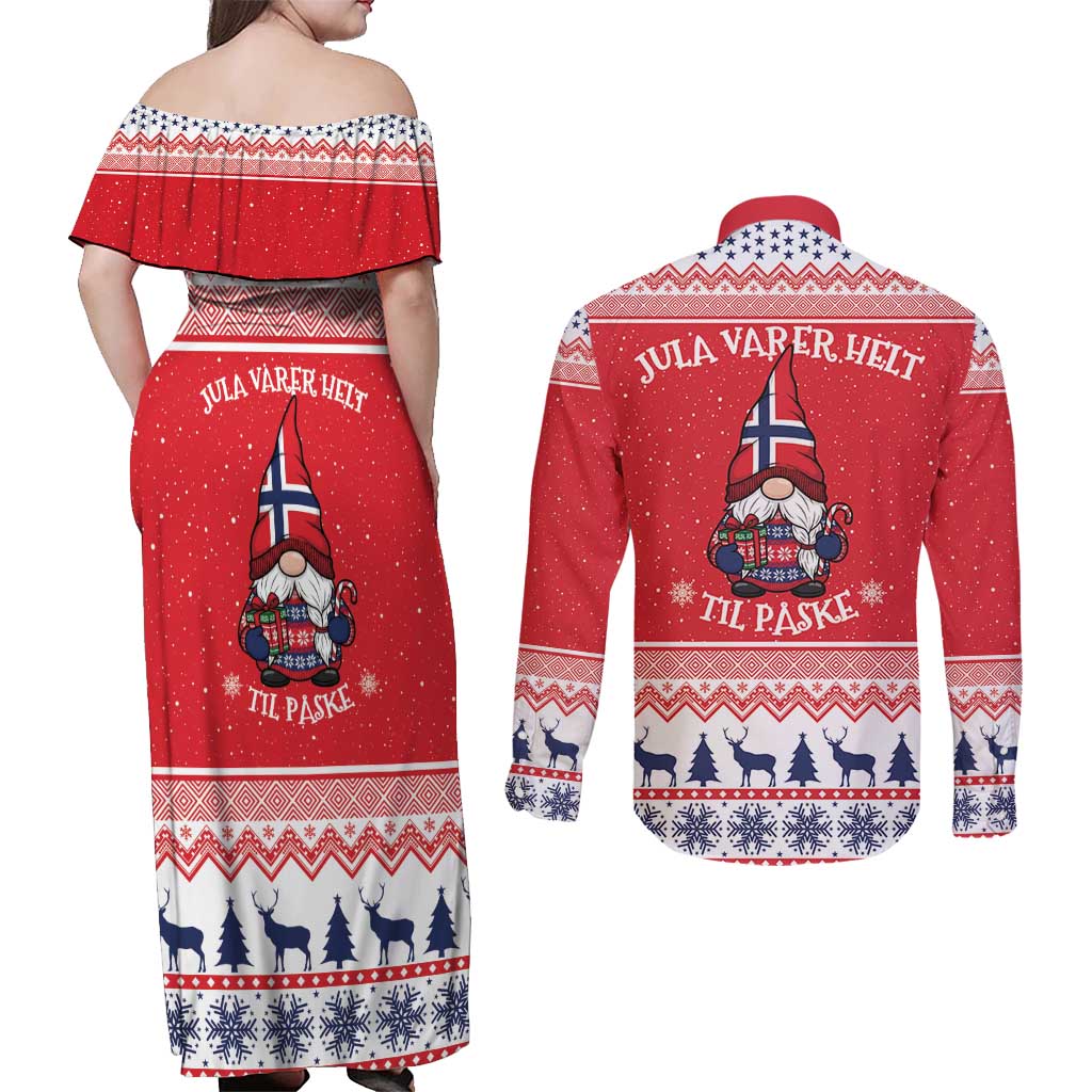 Norway Christmas Couples Matching Off Shoulder Maxi Dress and Long Sleeve Button Shirt Lovely Nordic Gnome - Wonder Print Shop
