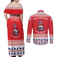 Norway Christmas Couples Matching Off Shoulder Maxi Dress and Long Sleeve Button Shirt Lovely Nordic Gnome - Wonder Print Shop