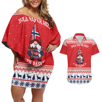Norway Christmas Couples Matching Off Shoulder Short Dress and Hawaiian Shirt Lovely Nordic Gnome - Wonder Print Shop