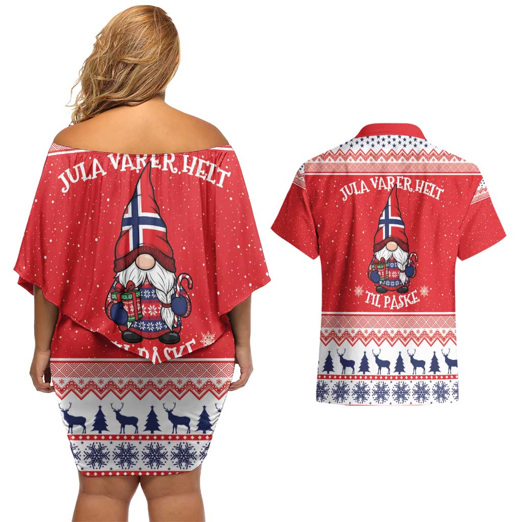 Norway Christmas Couples Matching Off Shoulder Short Dress and Hawaiian Shirt Lovely Nordic Gnome - Wonder Print Shop