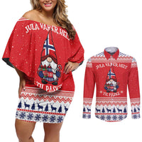 Norway Christmas Couples Matching Off Shoulder Short Dress and Long Sleeve Button Shirt Lovely Nordic Gnome - Wonder Print Shop