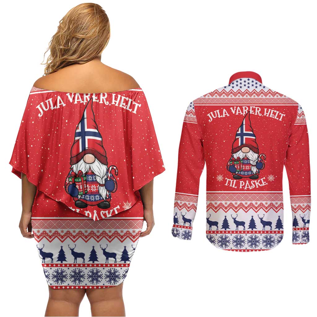 Norway Christmas Couples Matching Off Shoulder Short Dress and Long Sleeve Button Shirt Lovely Nordic Gnome - Wonder Print Shop