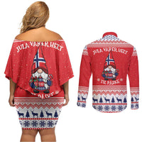 Norway Christmas Couples Matching Off Shoulder Short Dress and Long Sleeve Button Shirt Lovely Nordic Gnome - Wonder Print Shop