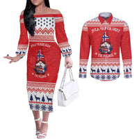 Norway Christmas Couples Matching Off The Shoulder Long Sleeve Dress and Long Sleeve Button Shirt Lovely Nordic Gnome - Wonder Print Shop