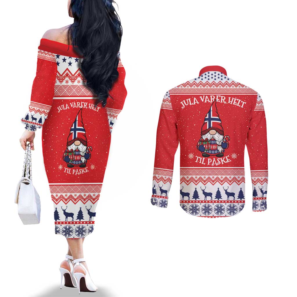 Norway Christmas Couples Matching Off The Shoulder Long Sleeve Dress and Long Sleeve Button Shirt Lovely Nordic Gnome - Wonder Print Shop
