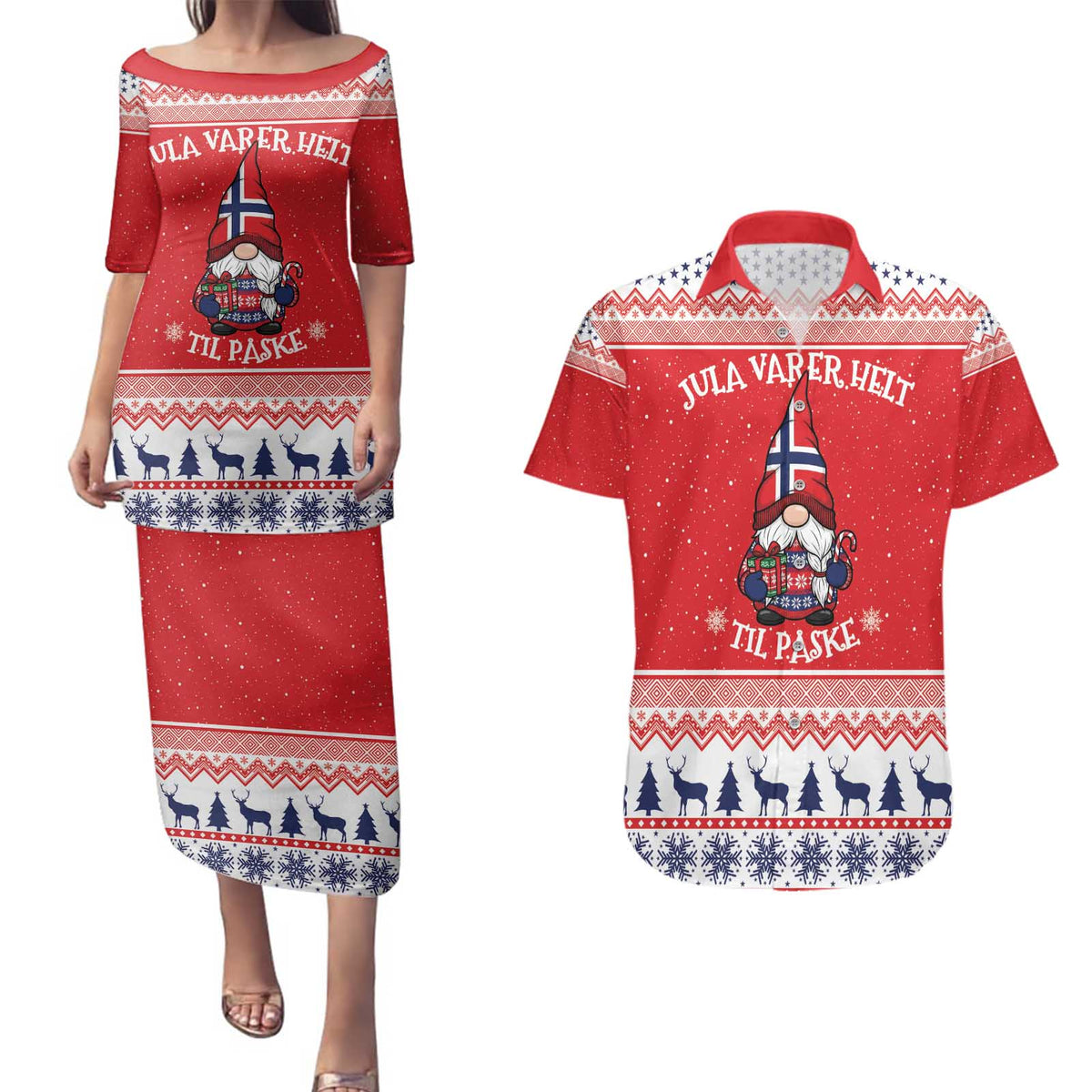 Norway Christmas Couples Matching Puletasi and Hawaiian Shirt Lovely Nordic Gnome - Wonder Print Shop