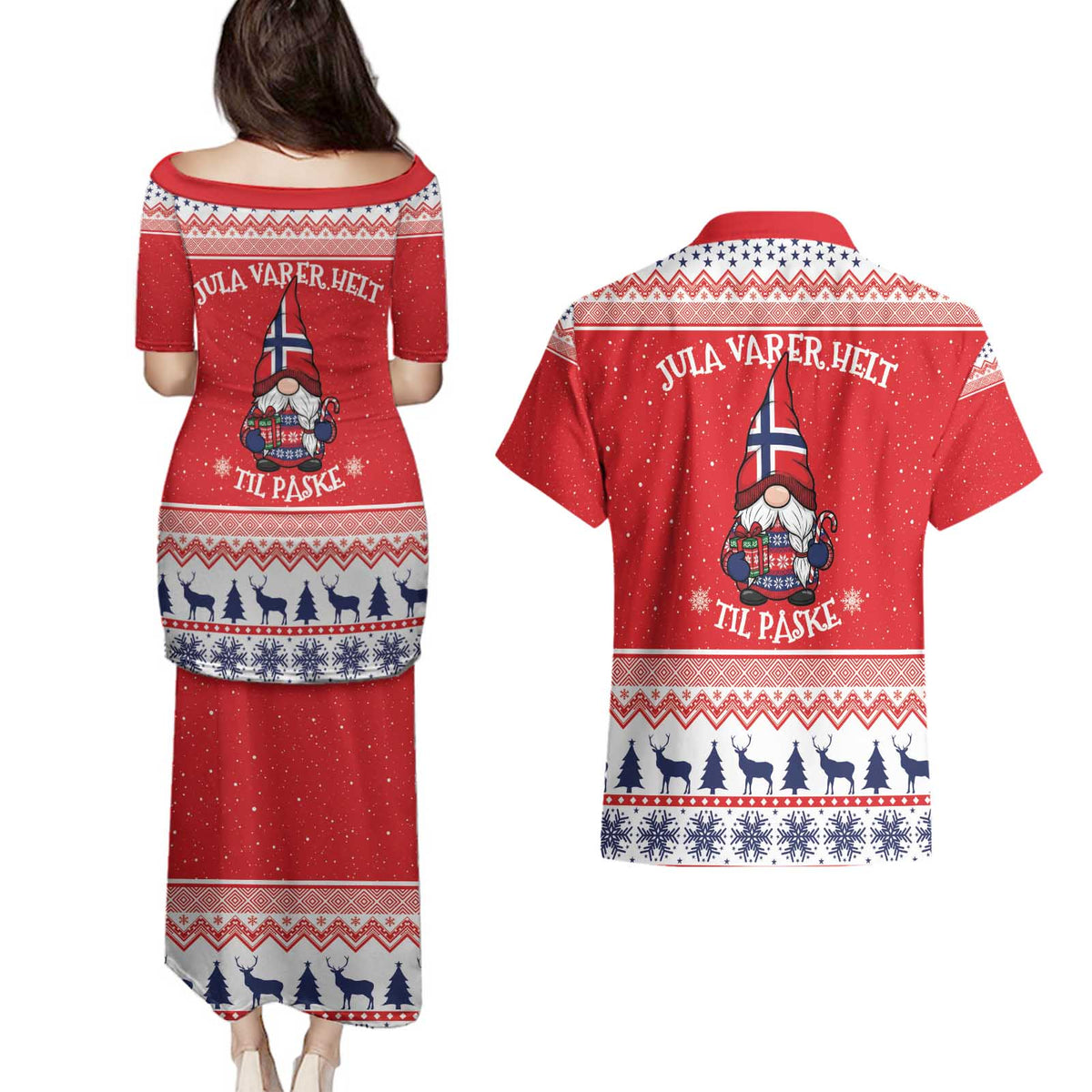 Norway Christmas Couples Matching Puletasi and Hawaiian Shirt Lovely Nordic Gnome - Wonder Print Shop