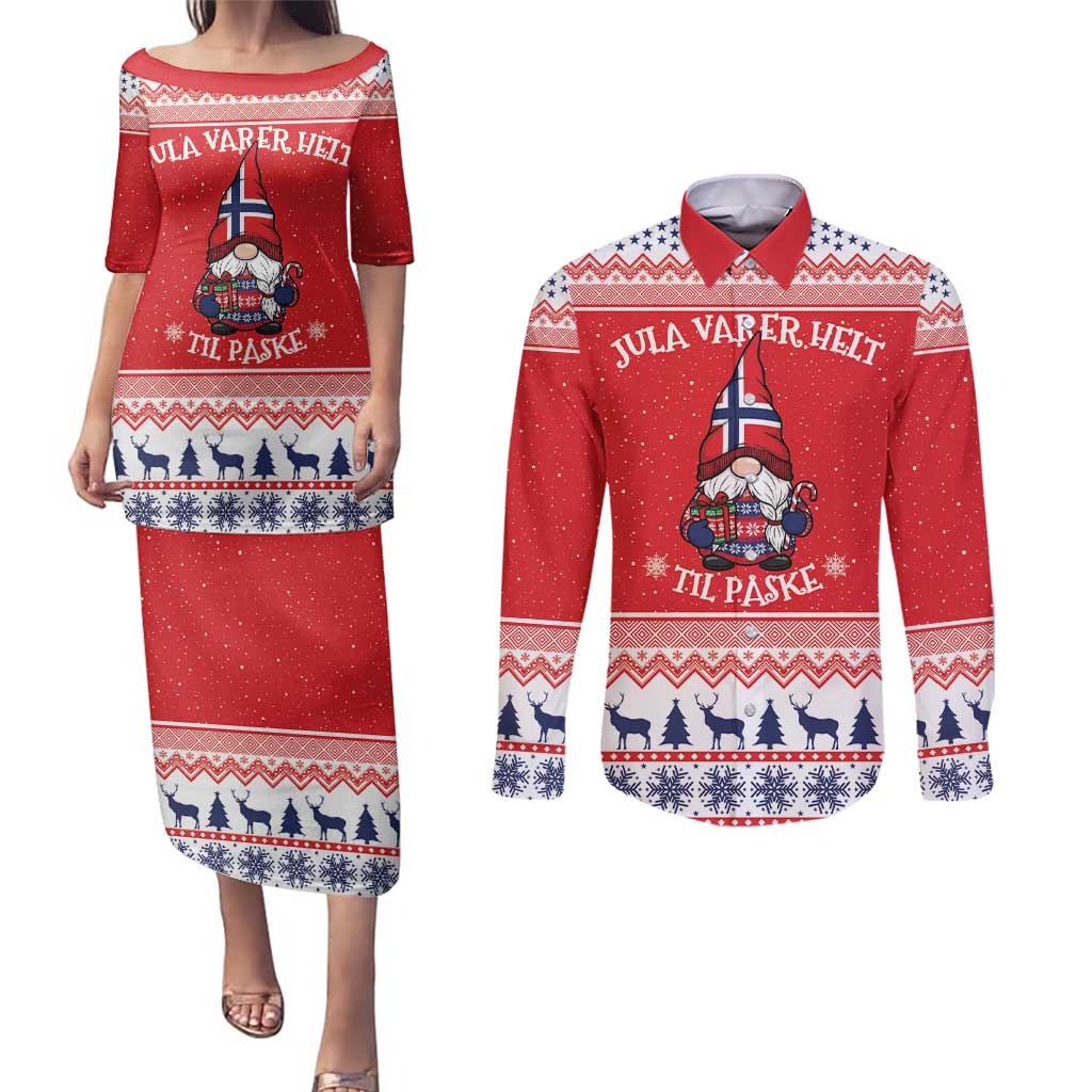 Norway Christmas Couples Matching Puletasi and Long Sleeve Button Shirt Lovely Nordic Gnome - Wonder Print Shop