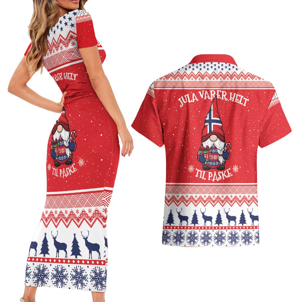 Norway Christmas Couples Matching Short Sleeve Bodycon Dress and Hawaiian Shirt Lovely Nordic Gnome - Wonder Print Shop
