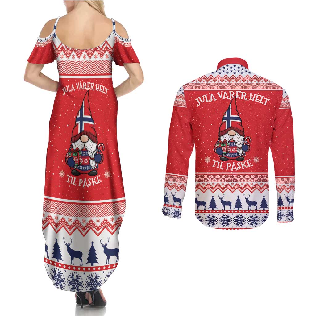 Norway Christmas Couples Matching Summer Maxi Dress and Long Sleeve Button Shirt Lovely Nordic Gnome - Wonder Print Shop