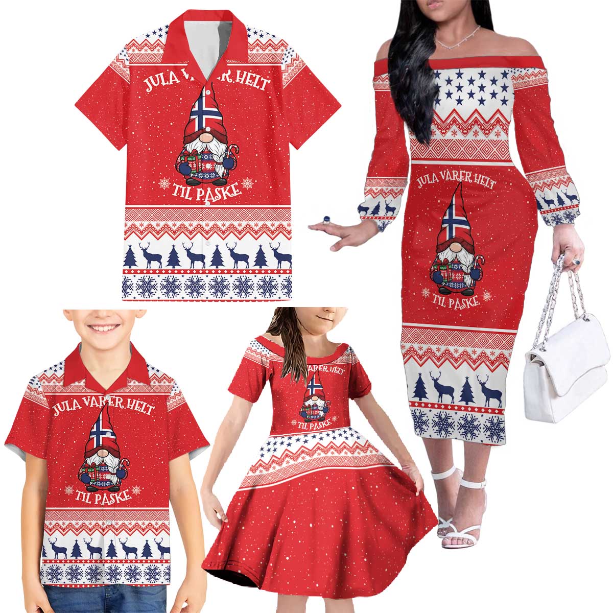 Norway Christmas Family Matching Off The Shoulder Long Sleeve Dress and Hawaiian Shirt Lovely Nordic Gnome - Wonder Print Shop