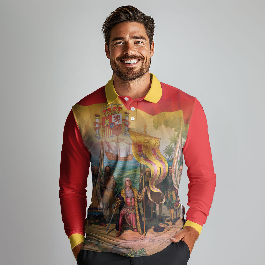 Spain National Day Long Sleeve Polo Shirt Christopher Columbus Discovery 1492