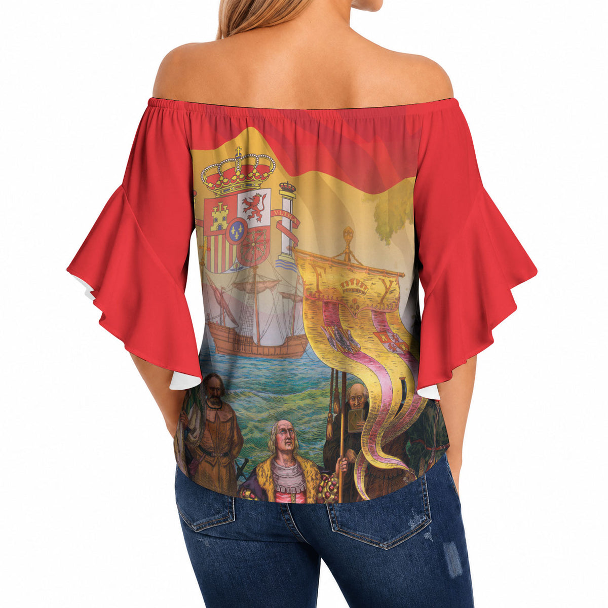 Spain National Day Off Shoulder Wrap Waist Top Christopher Columbus Discovery 1492