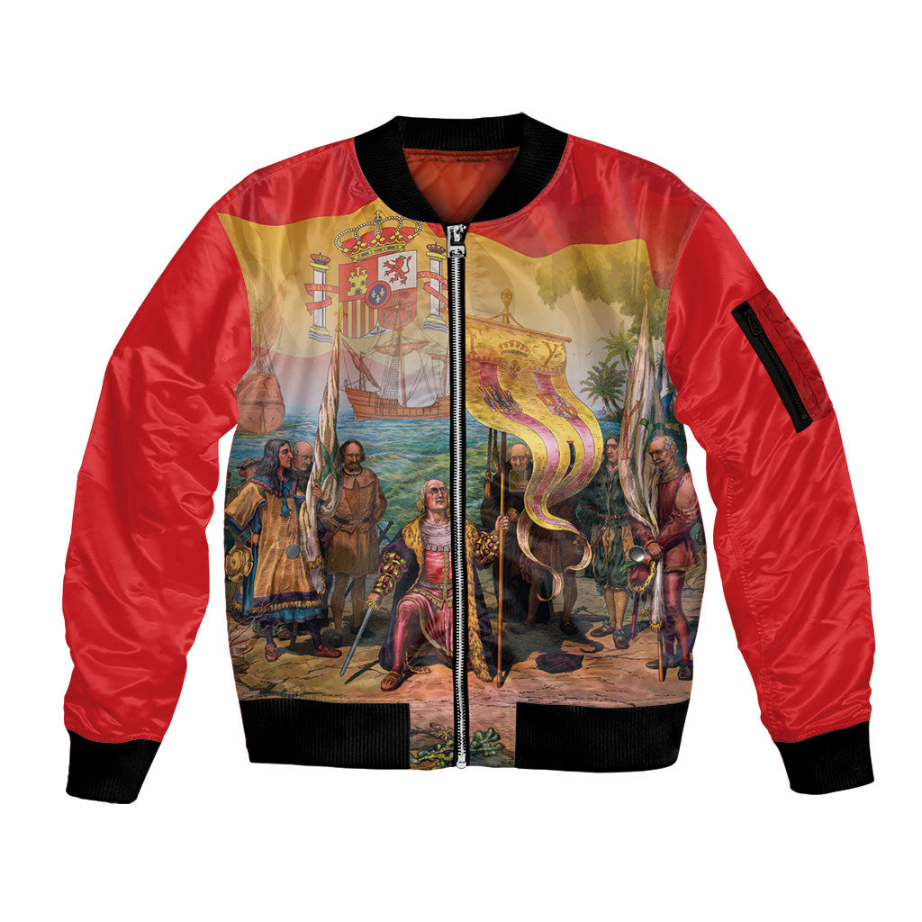 Spain National Day Sleeve Zip Bomber Jacket Christopher Columbus Discovery 1492