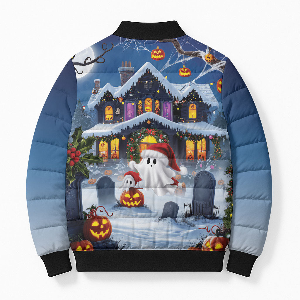 Halloween Christmas Bomber Puffer Jacket Funny Ghost Santa Christmas