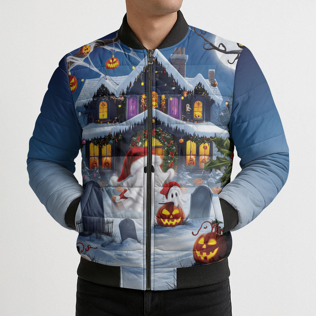 Halloween Christmas Bomber Puffer Jacket Funny Ghost Santa Christmas