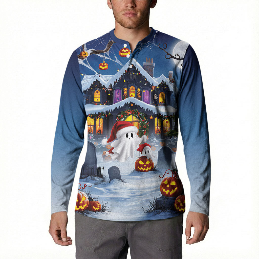 Halloween Christmas Button Sweatshirt Funny Ghost Santa Christmas