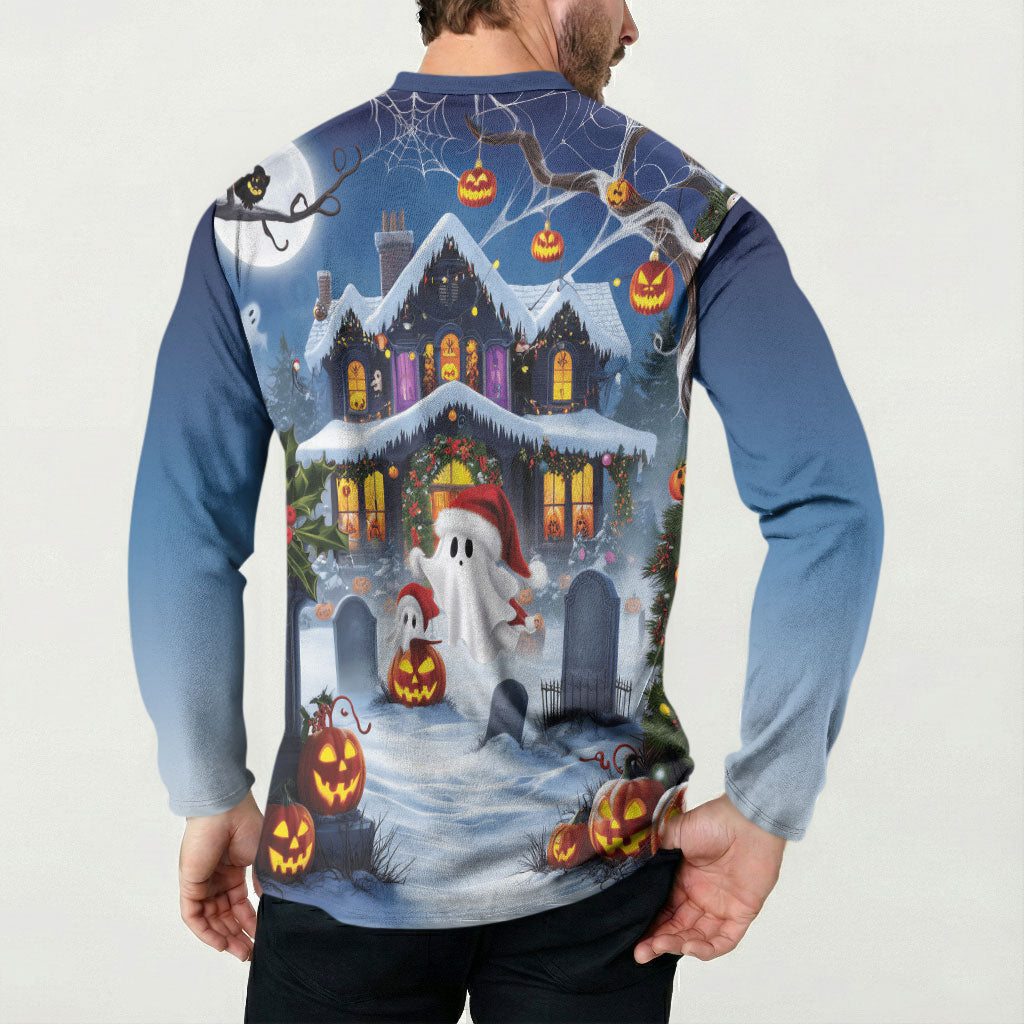 Halloween Christmas Button Sweatshirt Funny Ghost Santa Christmas