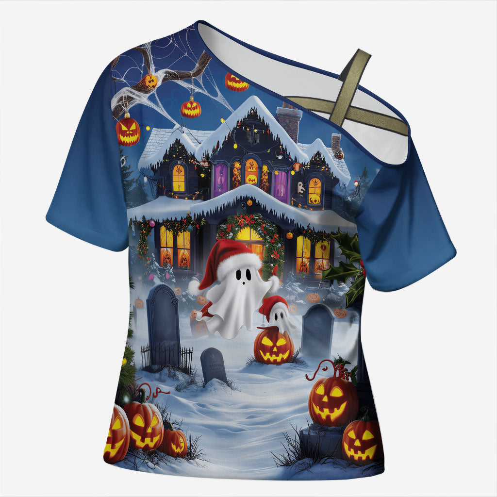 Halloween Christmas Cross Shoulder Shirt Funny Ghost Santa Christmas