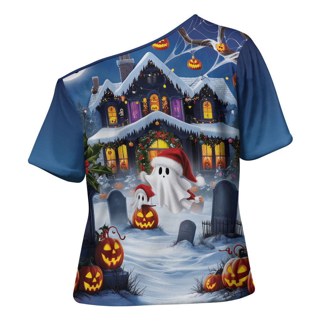 Halloween Christmas Cross Shoulder Shirt Funny Ghost Santa Christmas