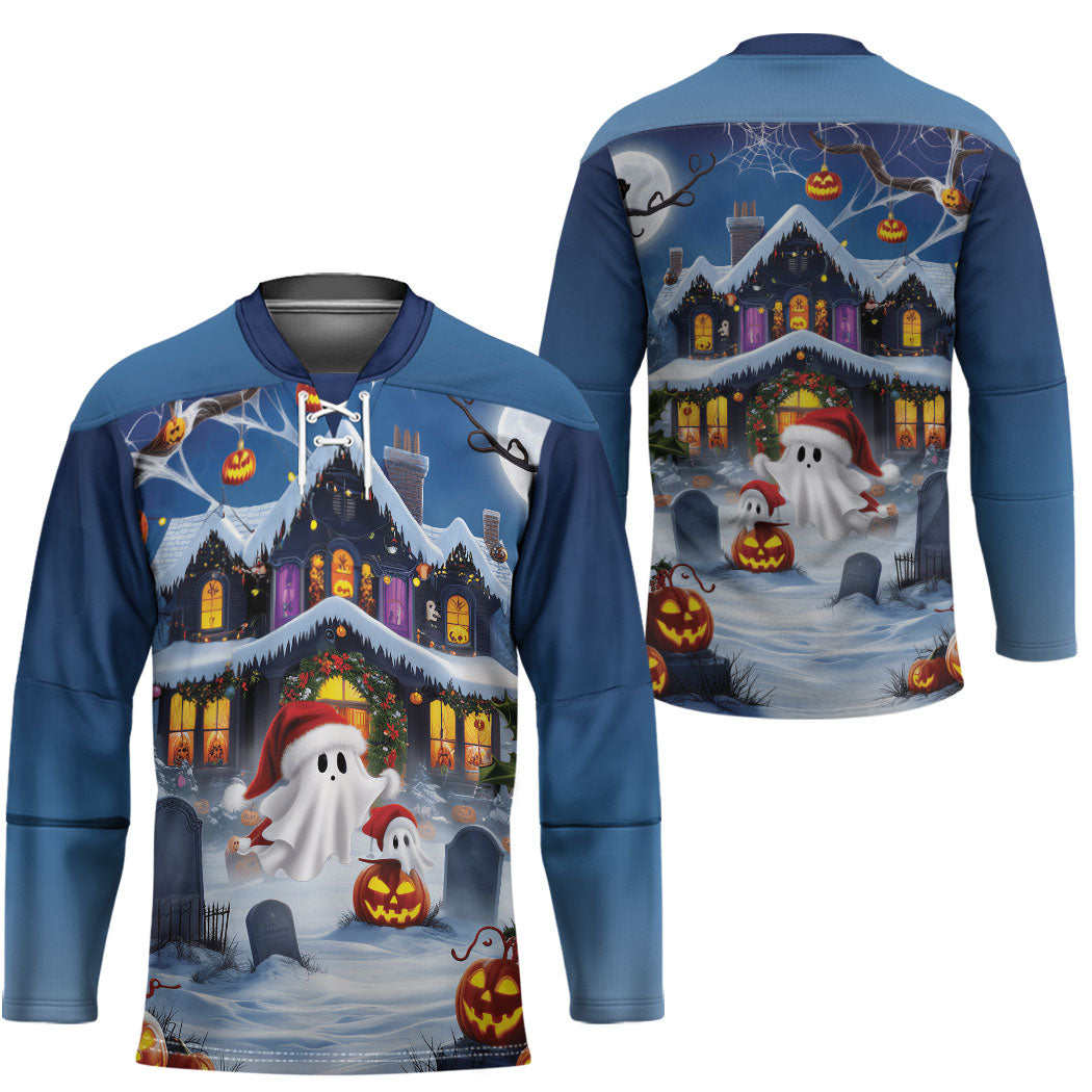 Halloween Christmas Hockey Jersey Funny Ghost Santa Christmas