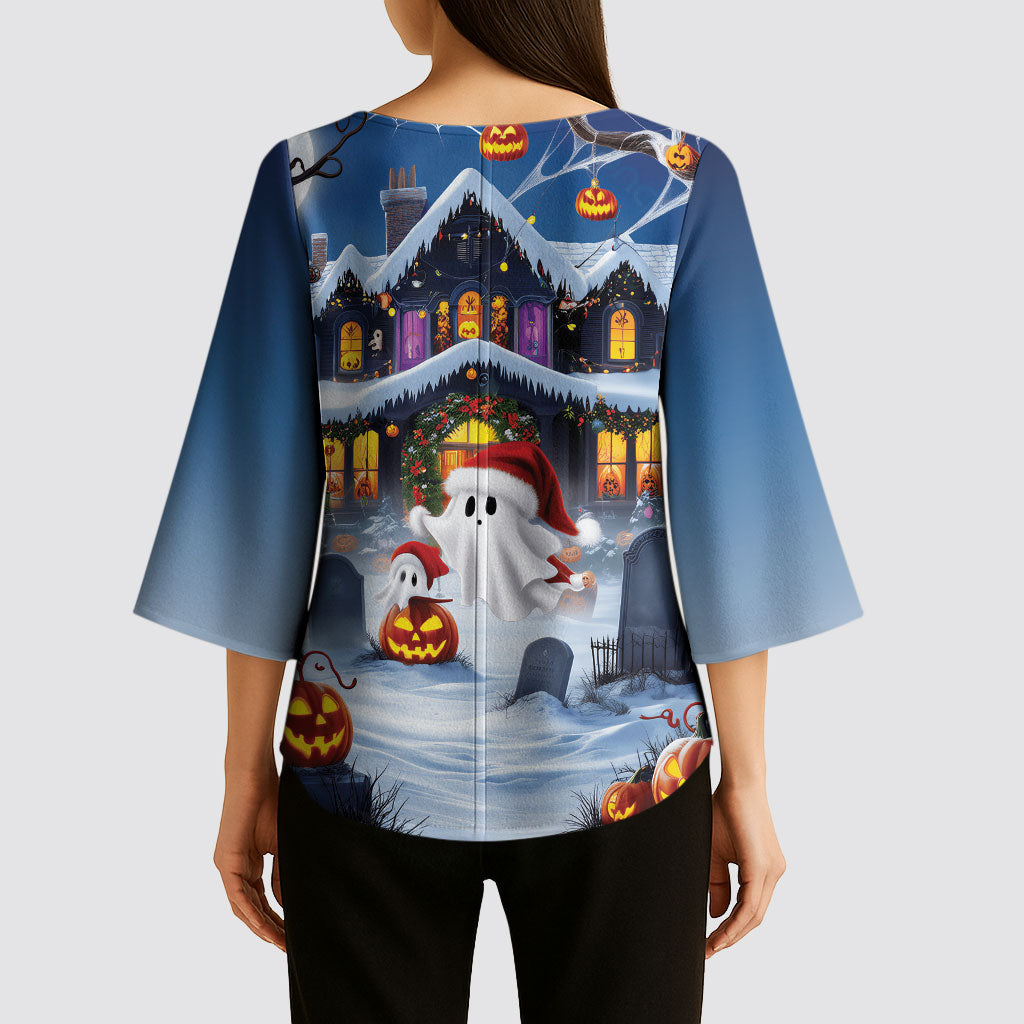 Halloween Christmas Kimono Sleeve Blouse Funny Ghost Santa Christmas