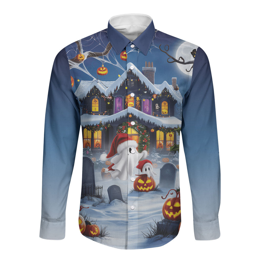 Halloween Christmas Long Sleeve Button Shirt Funny Ghost Santa Christmas