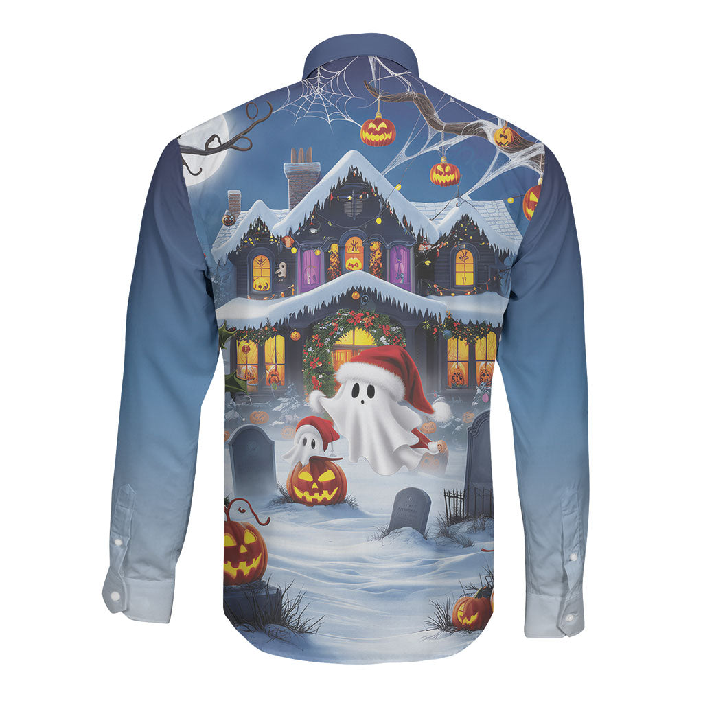 Halloween Christmas Long Sleeve Button Shirt Funny Ghost Santa Christmas