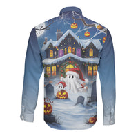 Halloween Christmas Long Sleeve Button Shirt Funny Ghost Santa Christmas