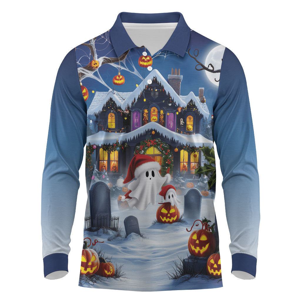 Halloween Christmas Long Sleeve Polo Shirt Funny Ghost Santa Christmas
