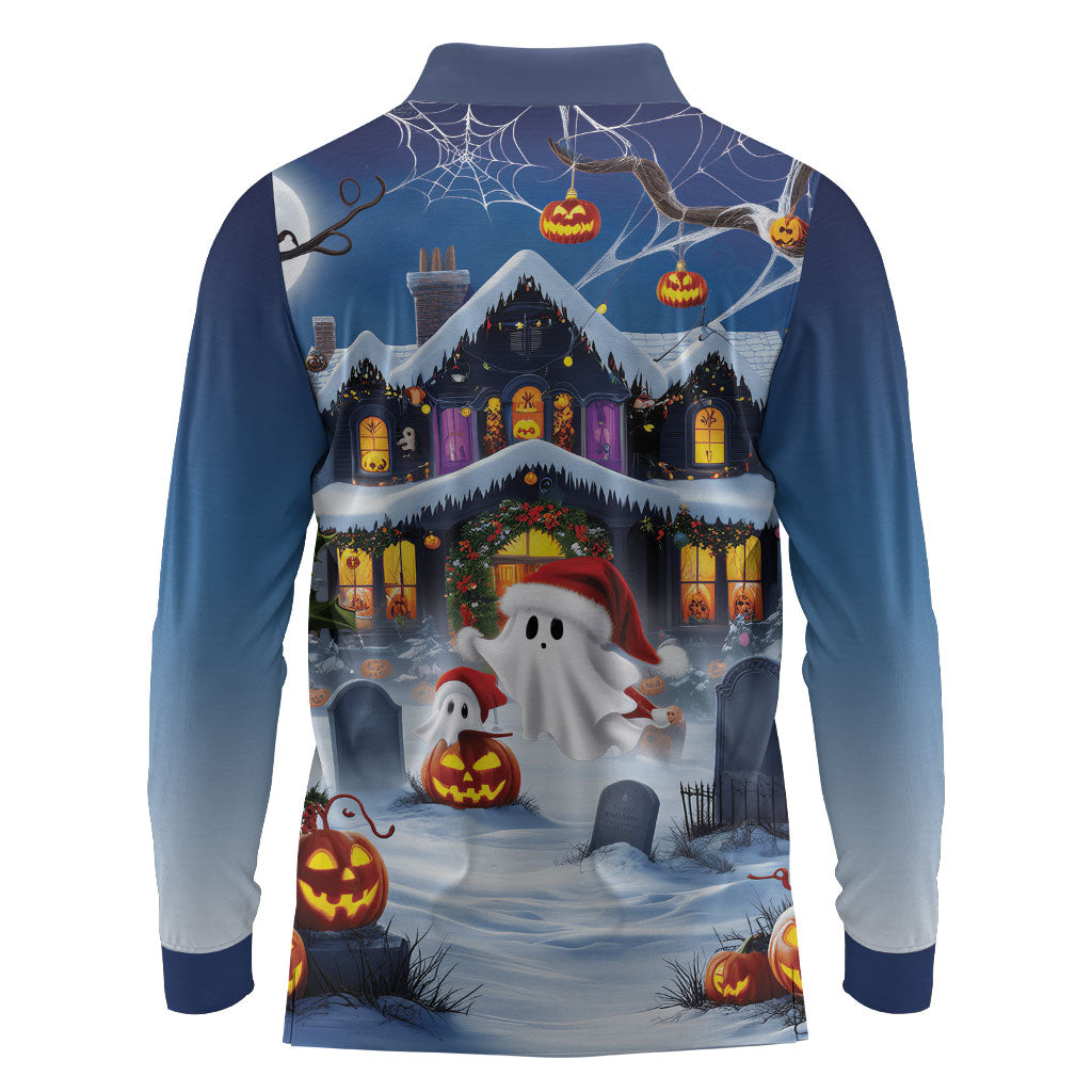 Halloween Christmas Long Sleeve Polo Shirt Funny Ghost Santa Christmas