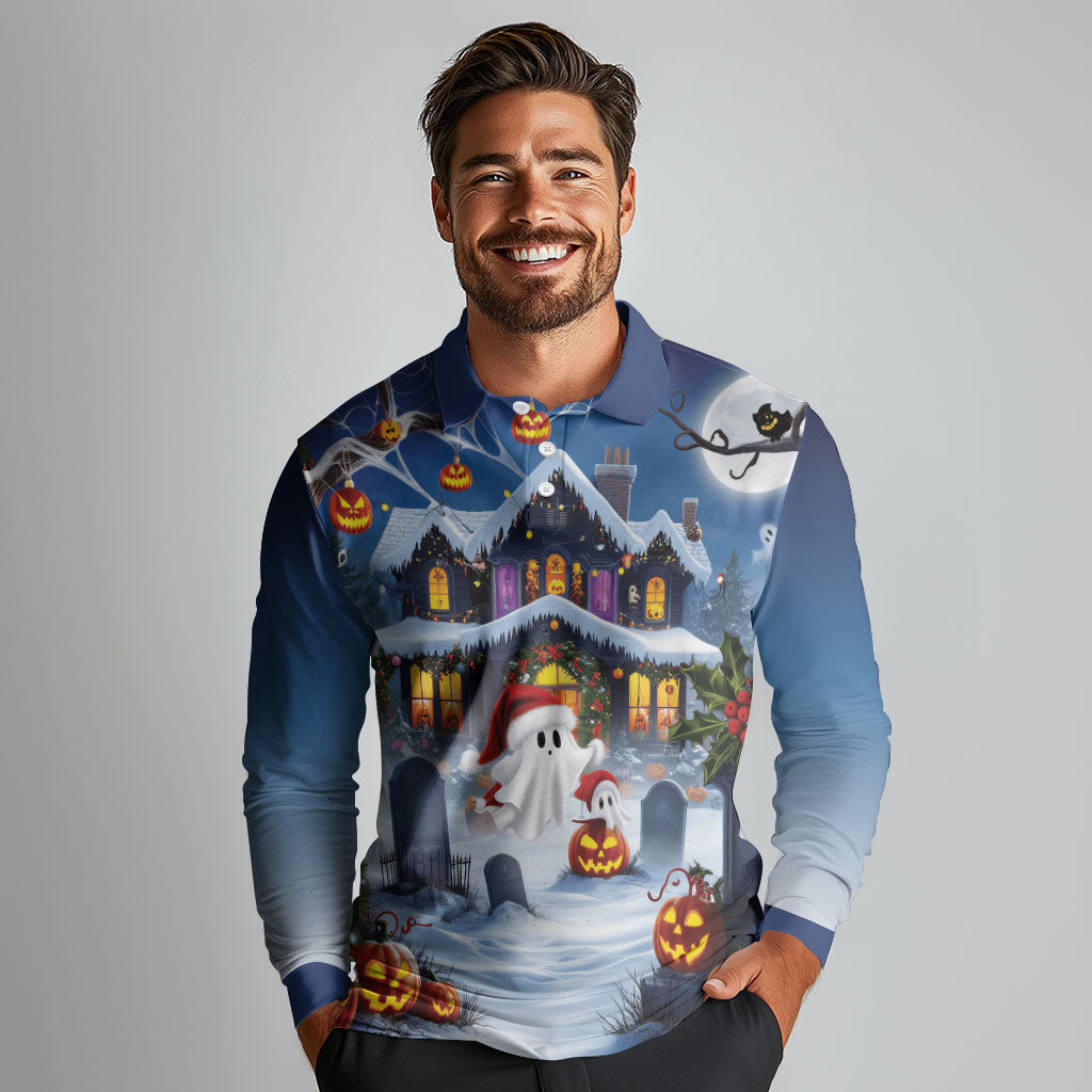 Halloween Christmas Long Sleeve Polo Shirt Funny Ghost Santa Christmas
